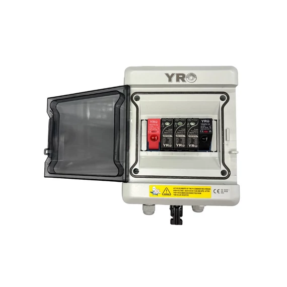 YRO készre szerelt DC védelmi doboz 1 string be 1string ki 15A 1000V, IP65, T1 T2 6ways box