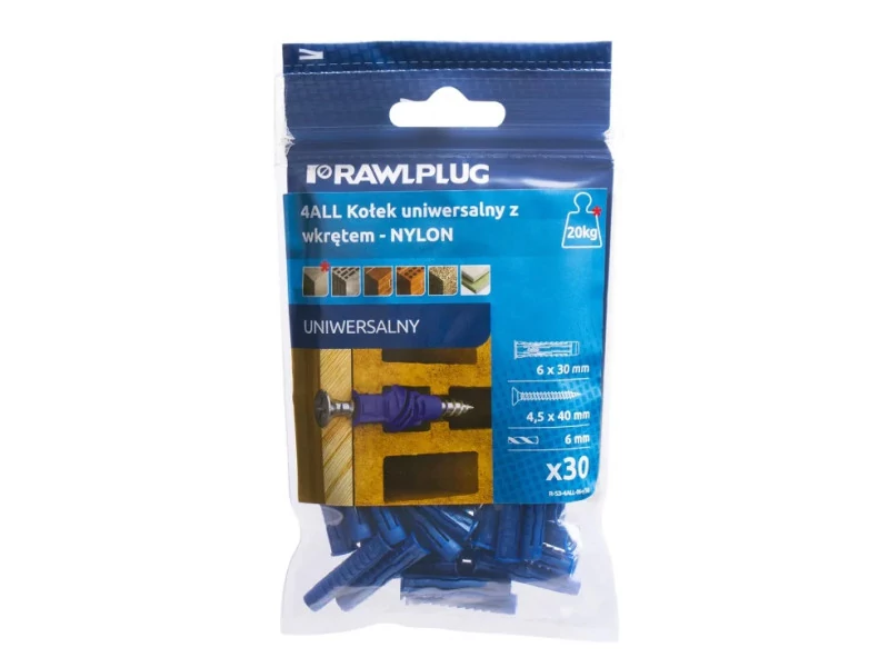Rawl 6x30mm 4ALL nagyteljesítményű nylon dübel   Süllyf. csavar 4,5x40mm (30db/csomag)
